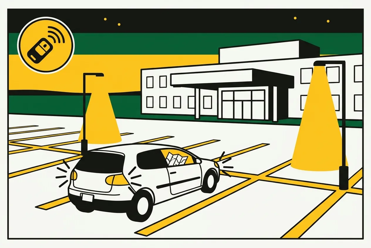 Flat poster illustration of a car being locked in a parking lot at dusk in front of a plain low-rise building